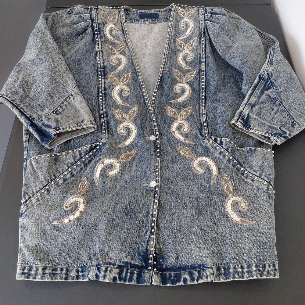 80's Bling Denim Jacket Womens Medium Acid Wash Deep V 90210 Preppy Retro Punk - Picture 10 of 16